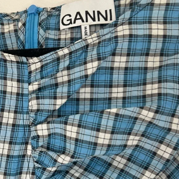 Ganni Check Ruched Seersucker Minidress in Check Azure Blue, - Picture 8 of 11